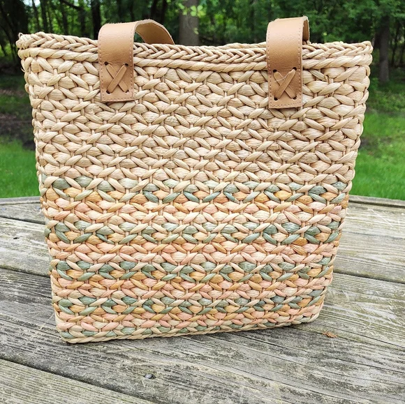 Woven Square Beach Tote Bag Straw Corn Husk Cotton Lined Natural Blue Pink - Picture 1 of 13